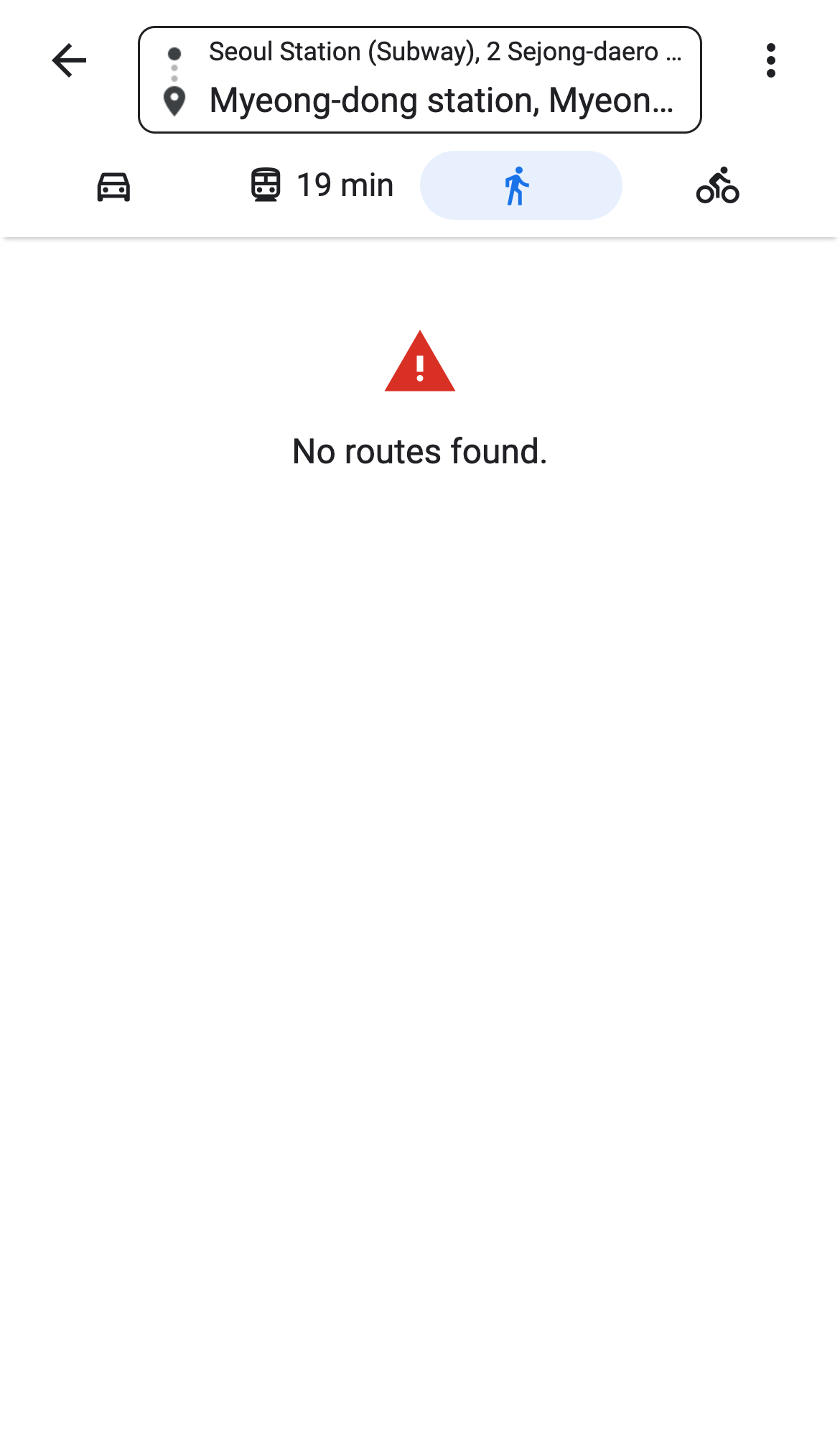 Google Maps walking directions from Seoul Station to Myeong-dong station showing the message No routes found.